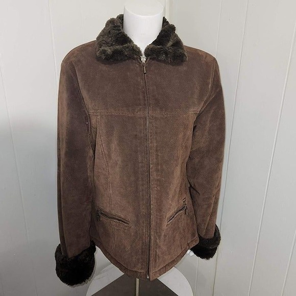 Vintage Authentic GUESS 100% Leather Suede Jacket Faux Fur Lining Y2K MediumccX - Picture 2 of 12
